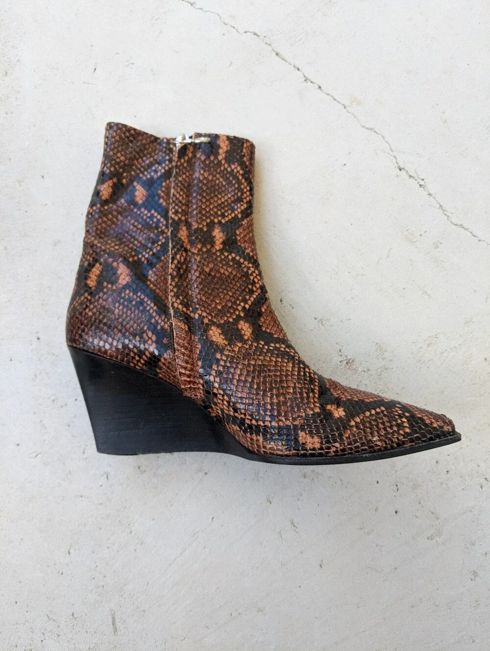 AEYDE Orange And Black Snakeskin Pointy Square Toe Ankle Wedges